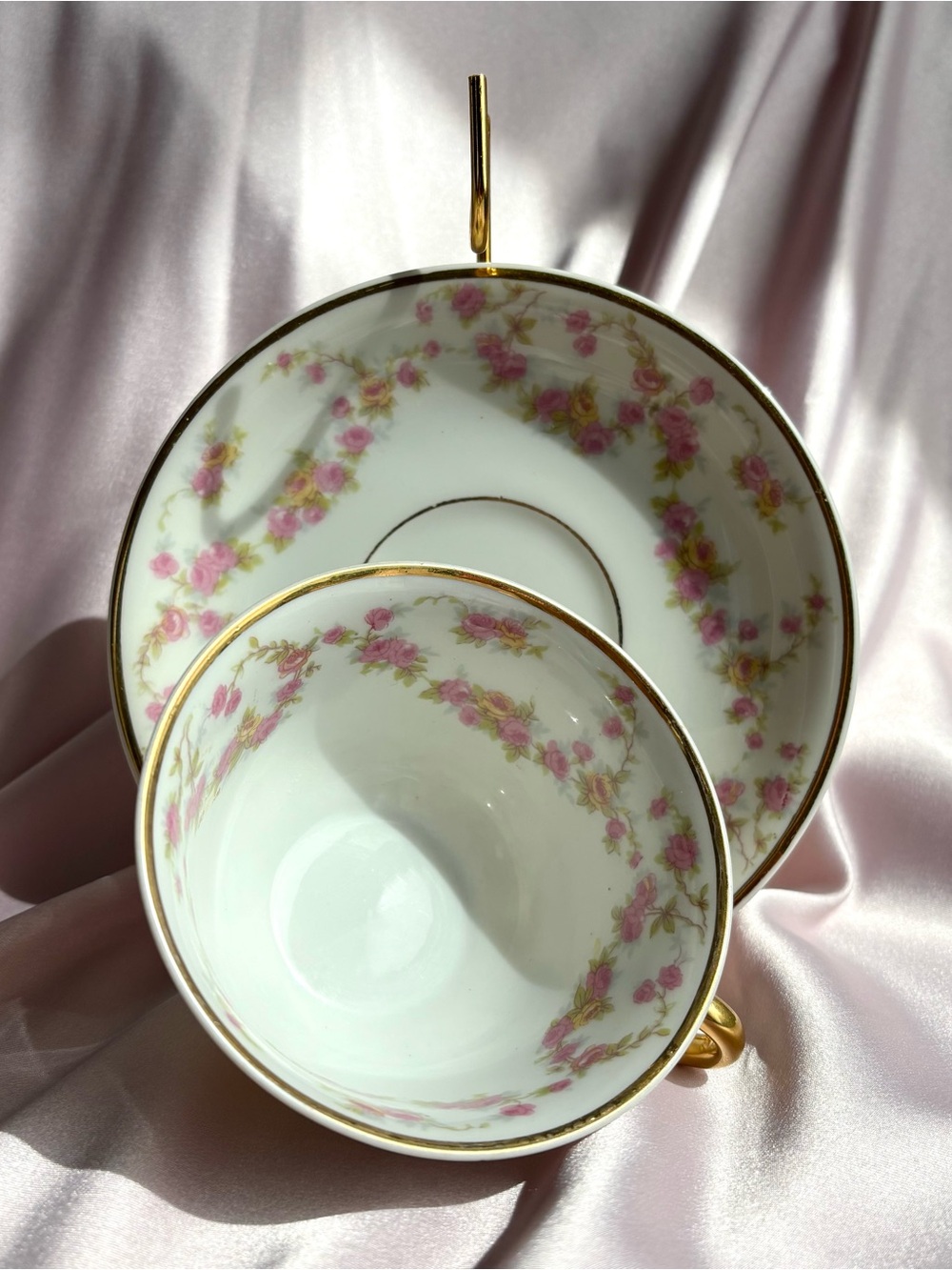 Antique Limoges Tea Cup & Saucer in White with Pink Rose Garland and Gold Trim - Picture 4 of 7